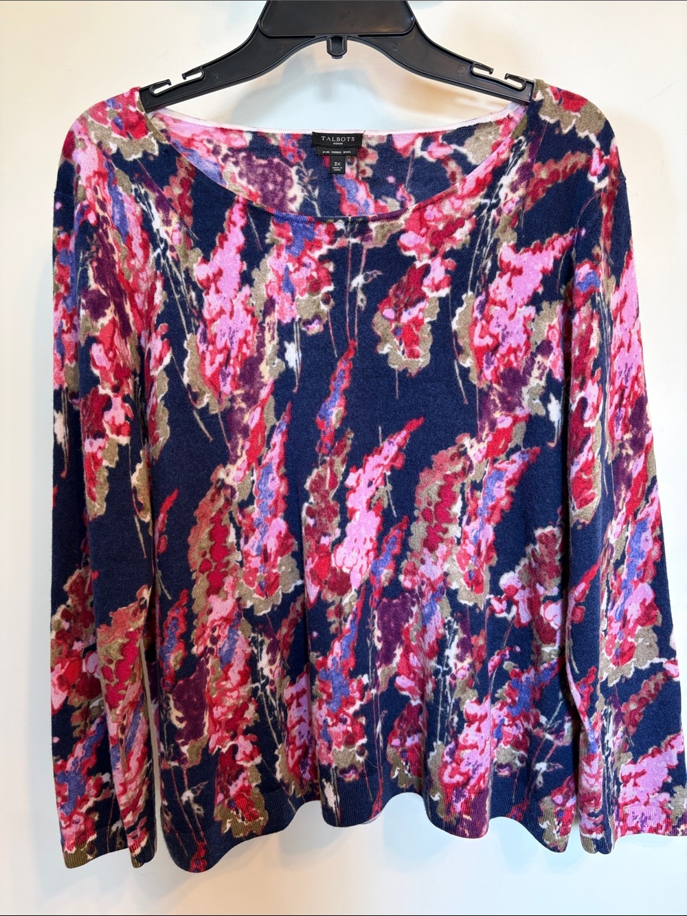 Talbots Woman 3X 100% Merino Wool Sweater Navy Pink Floral Lightweight